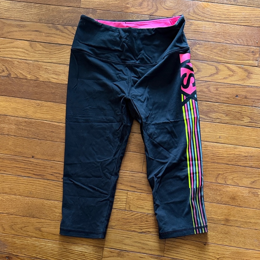 VSX Black Capri Leggings with Pink Trim and Multicolor Side Stripes